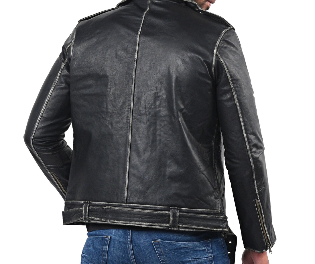 Men’s distressed black biker leather jacket with front zipper and rugged texture

