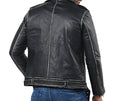Men’s distressed black biker leather jacket with front zipper and rugged texture

