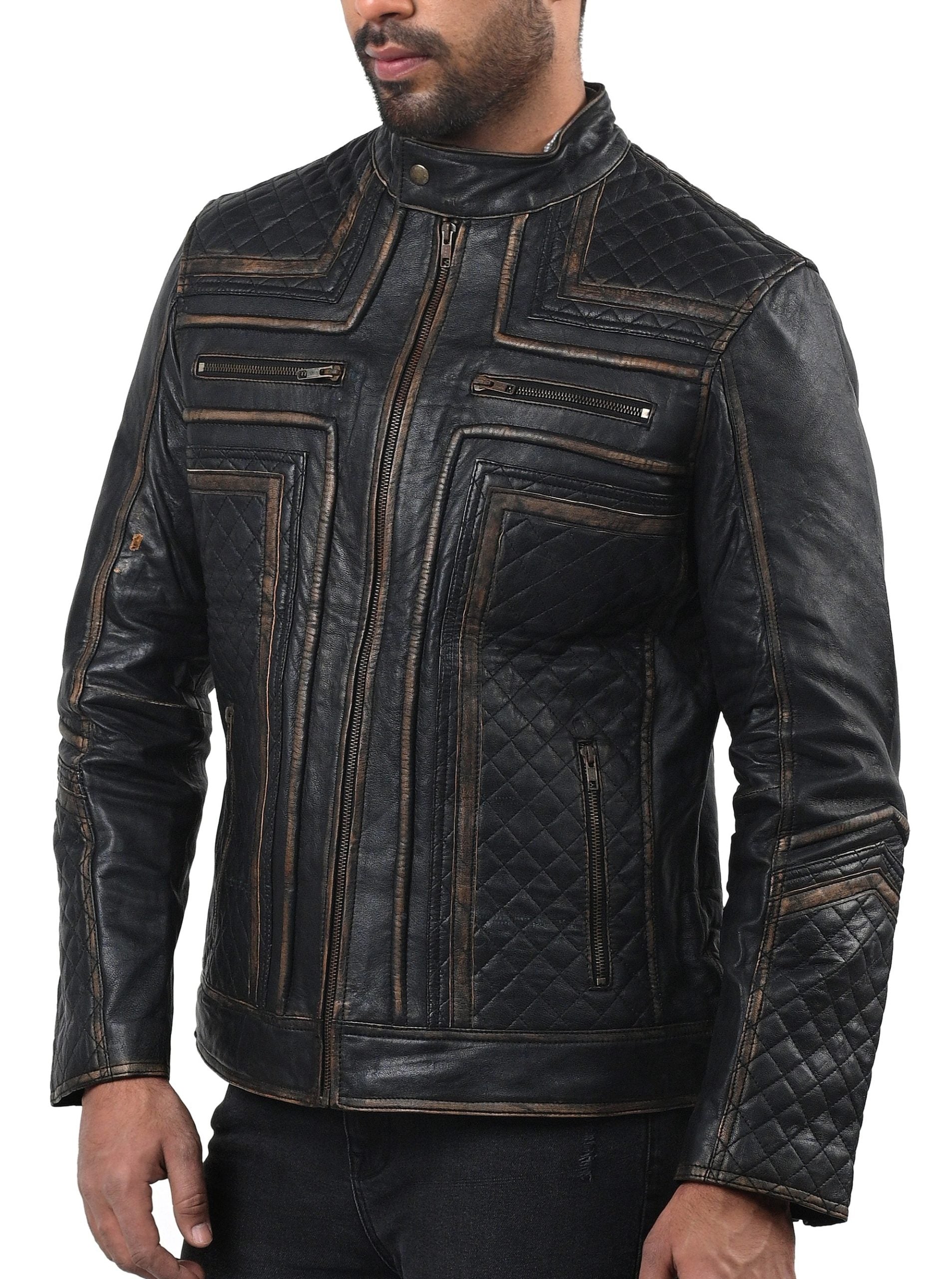 Fast Lemmy black motorcycle leather jacket with front zipper and zippered pockets

