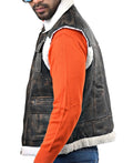 Basildon distressed brown leather aviator vest with fur collar and front zip closure

