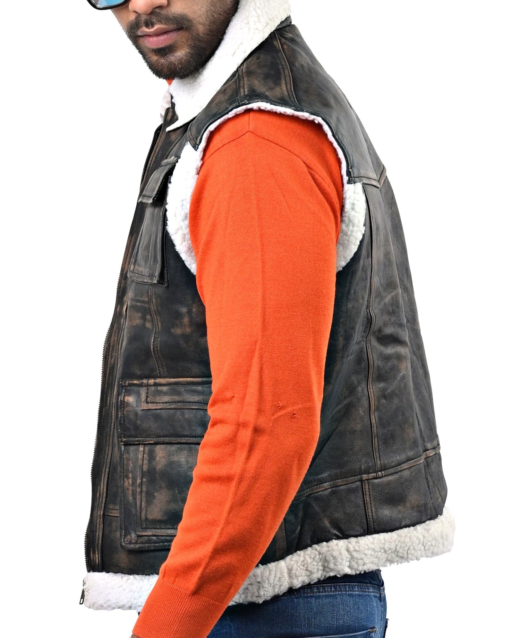 Basildon distressed brown leather aviator vest with fur collar and front zip closure

