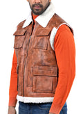 Axbridge aviator vest in tan real leather with front zip closure and shearling trim

