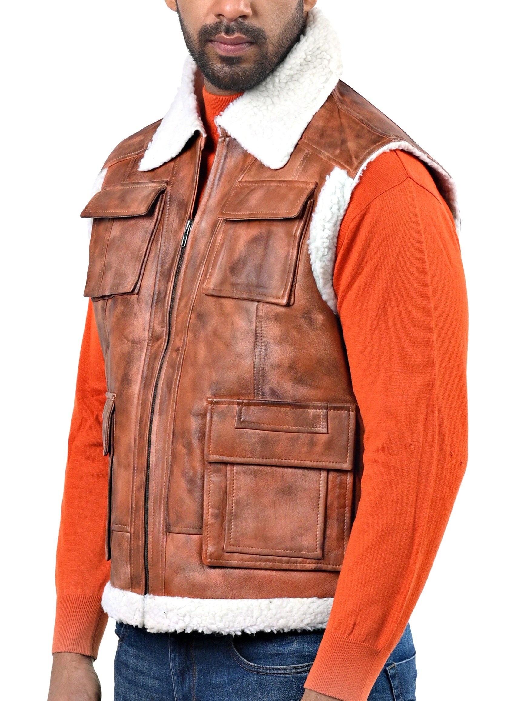 Axbridge aviator vest in tan real leather with front zip closure and shearling trim

