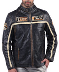 Men’s black leather jacket with beige racing stripes and front zip closure

