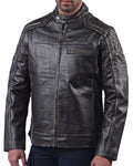 Men’s black distressed cowhide leather jacket with front zipper and rugged texture


