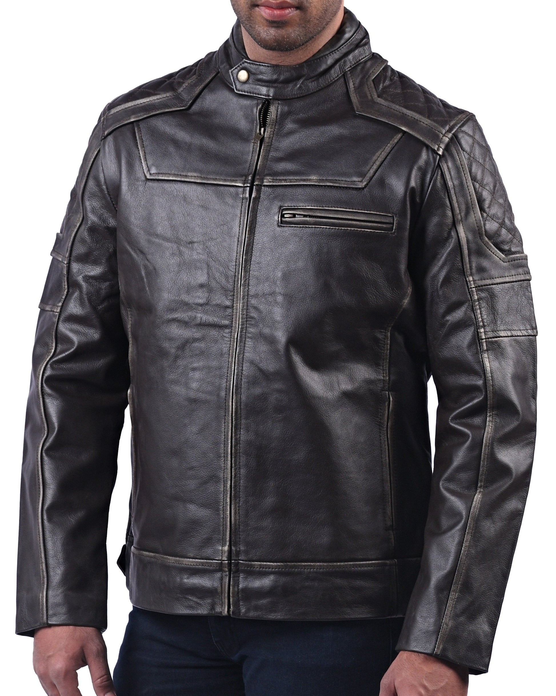 Men’s black distressed cowhide leather jacket with front zipper and rugged texture


