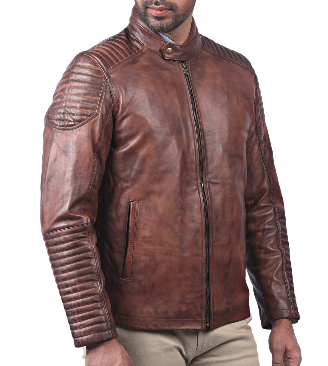 Men’s classic brown waxed real leather jacket with front zipper and multiple pockets

