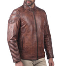 Men’s classic brown waxed real leather jacket with front zipper and multiple pockets

