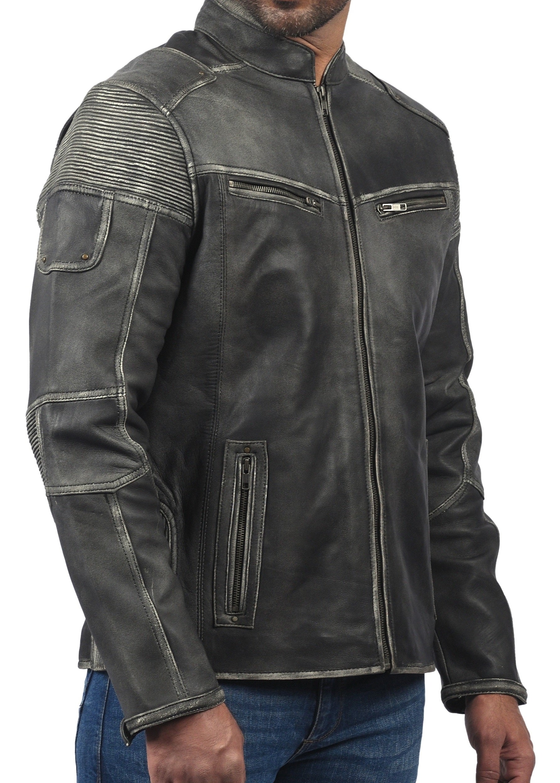 Men’s distressed gray cafe racer leather jacket with front zipper and slim fit

