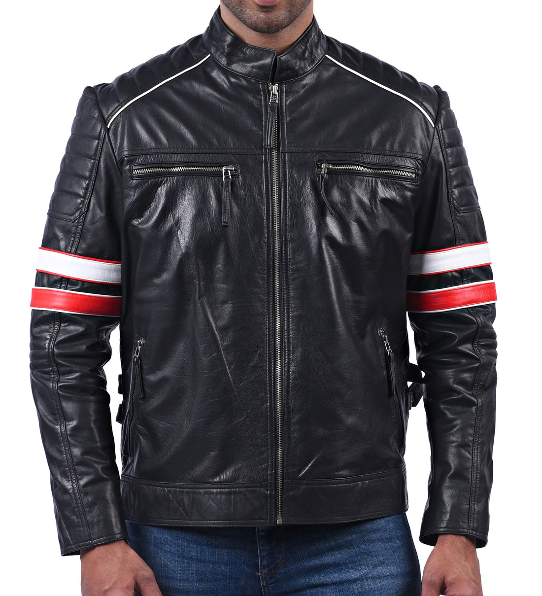 Men’s black biker leather jacket with red, white, and blue multi-stripe sleeve accents

