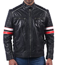 Men’s black biker leather jacket with red, white, and blue multi-stripe sleeve accents

