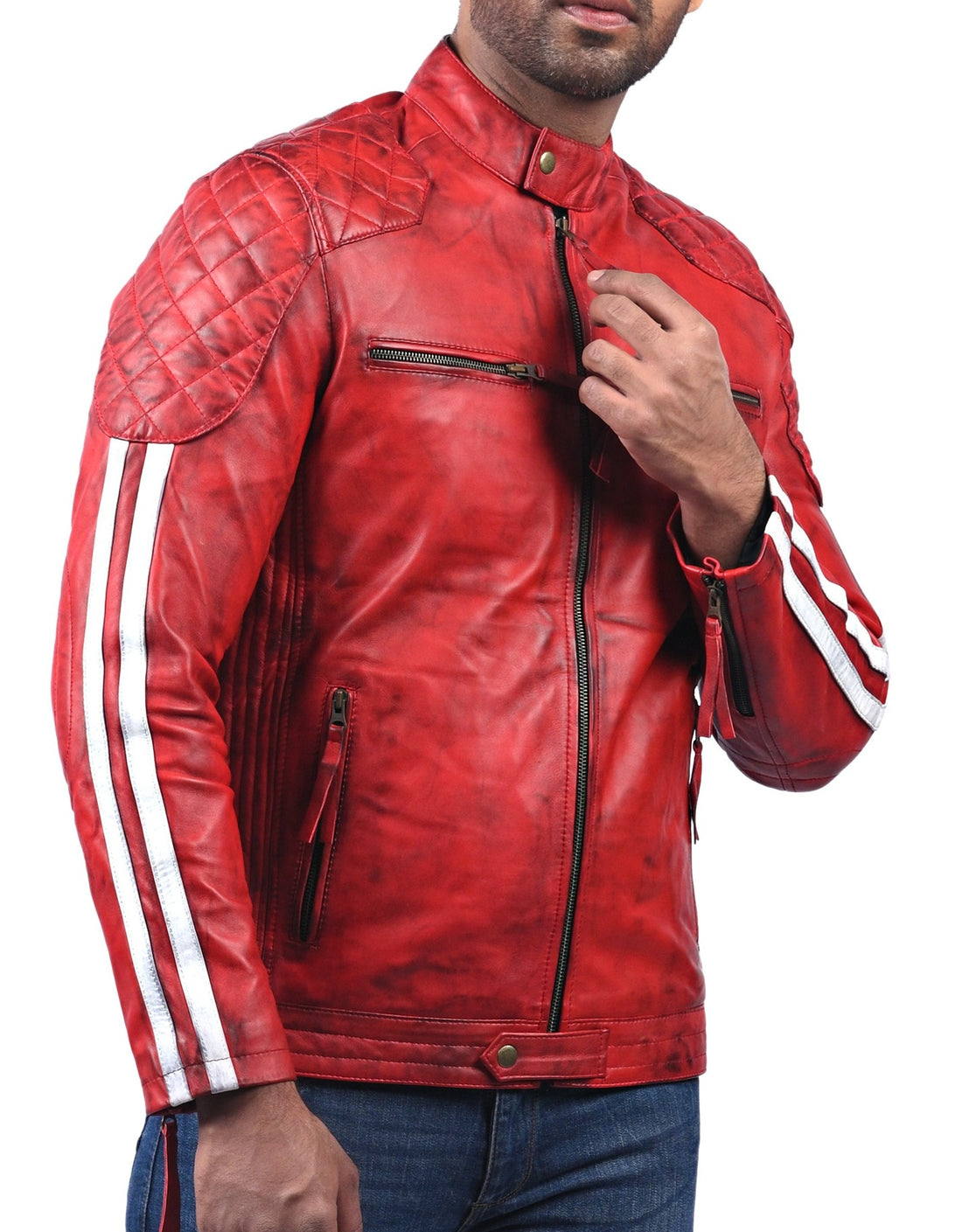 Plymouth men’s red leather biker jacket with asymmetrical front zip and classic lapel collar

