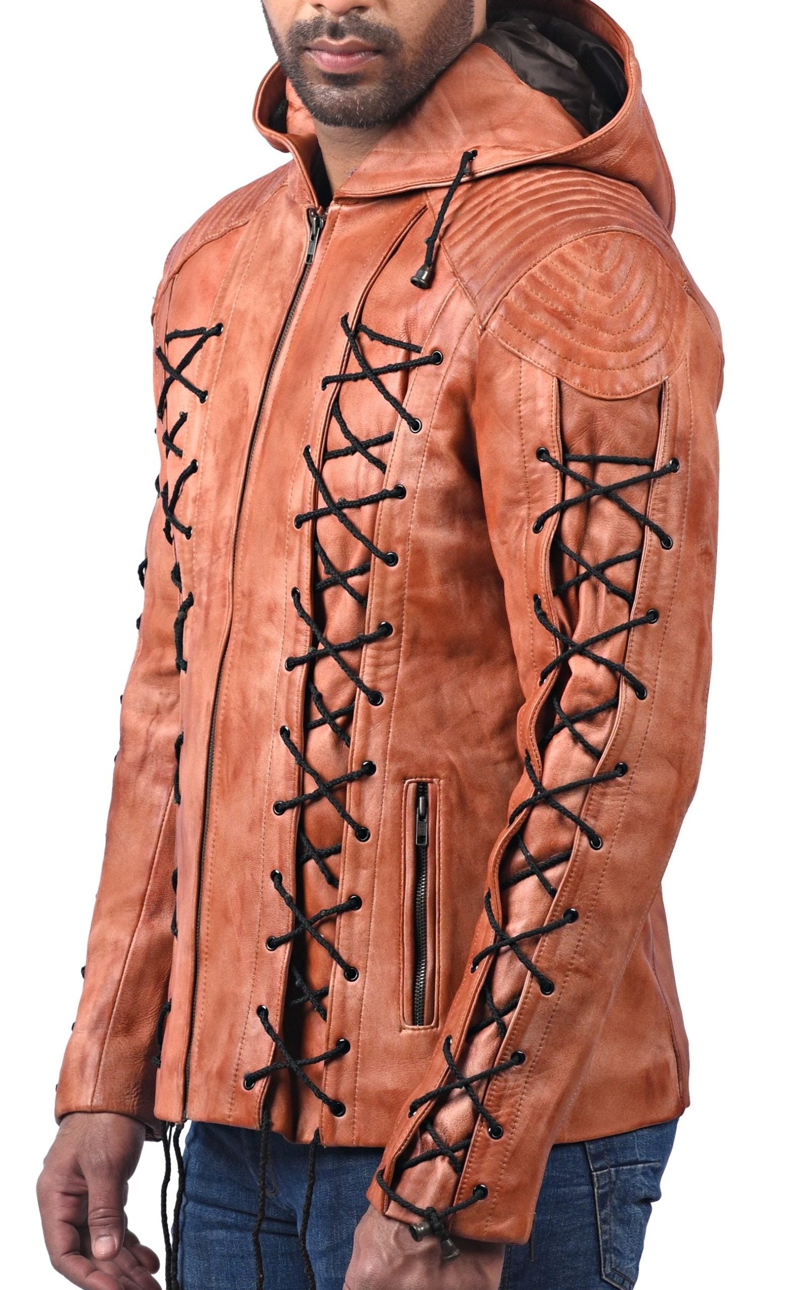 Roy Harper Arrow men’s tan waxed real leather hoodie jacket with front zip closure


