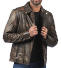 Triple Stitch women’s distressed brown leather jacket with double-breasted front and rugged finish

