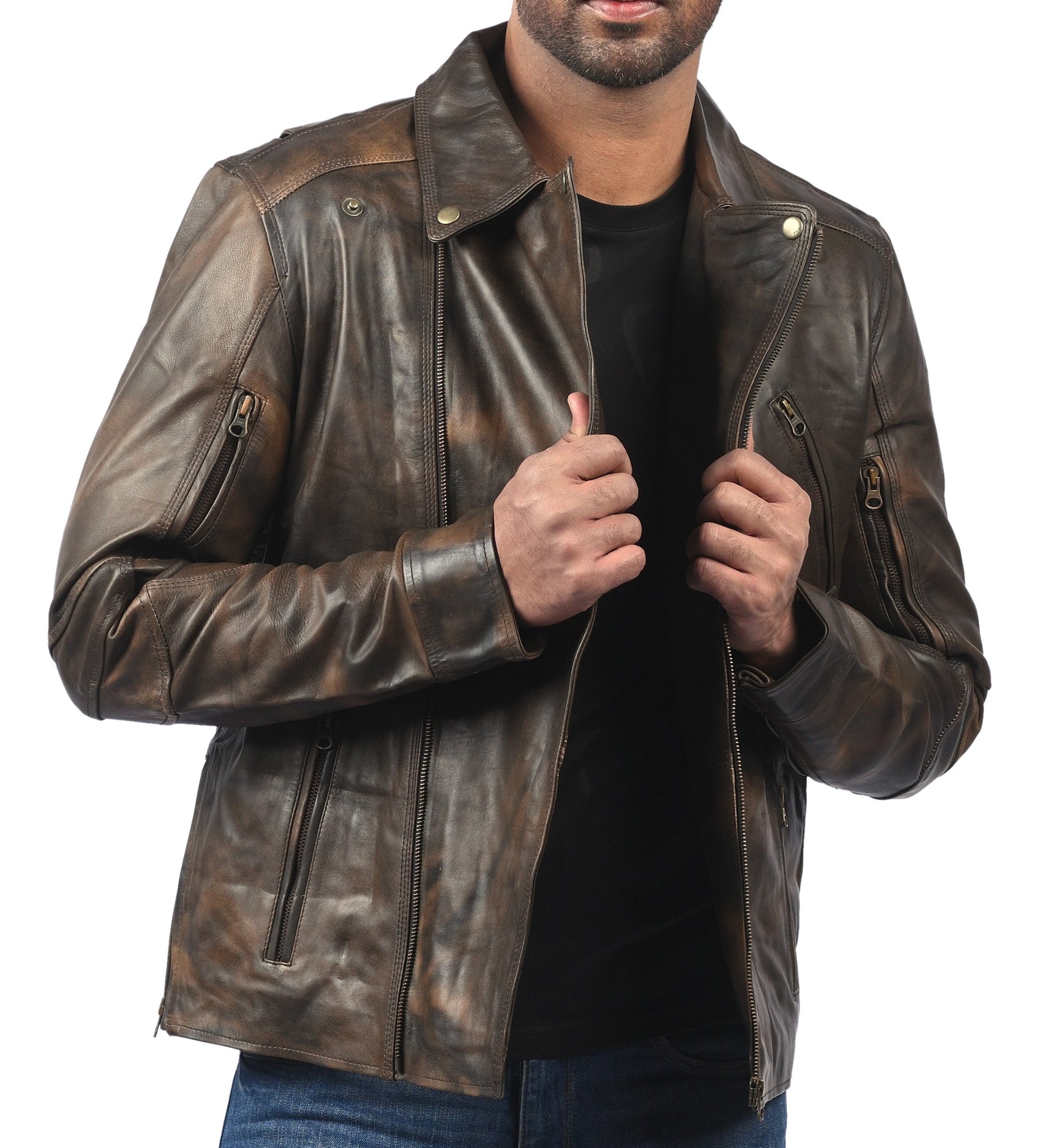 Triple Stitch women’s distressed brown leather jacket with double-breasted front and rugged finish

