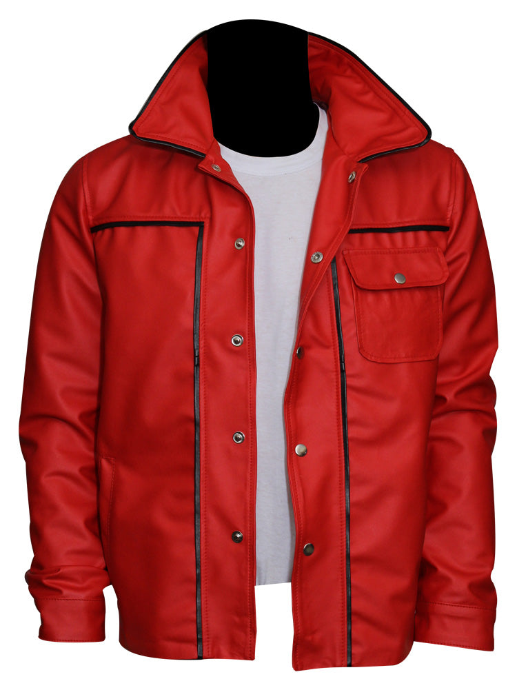 "Elvis Presley red leather jacket made from real lambskin"

"Classic red leather jacket with shirt-style collar inspired by Elvis"

"Front view of Elvis Presley style button-up red jacket"

"Genuine lambskin leather celebrity jacket with chest and hand pockets"

"Retro red leather jacket inspired by the King of Rock"