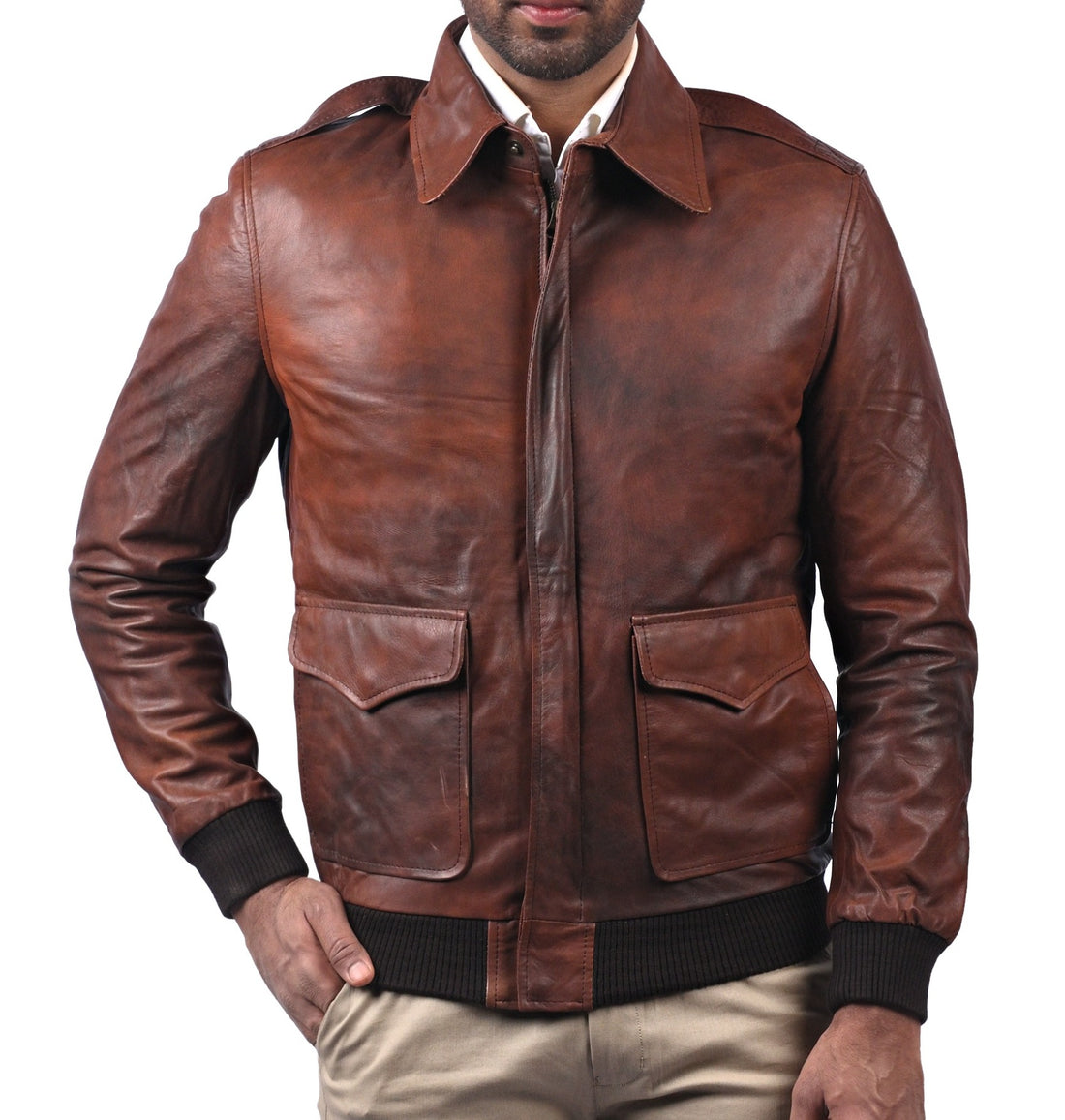 Aviator A2 men’s brown leather pilot bomber jacket with front zipper and flap pockets

