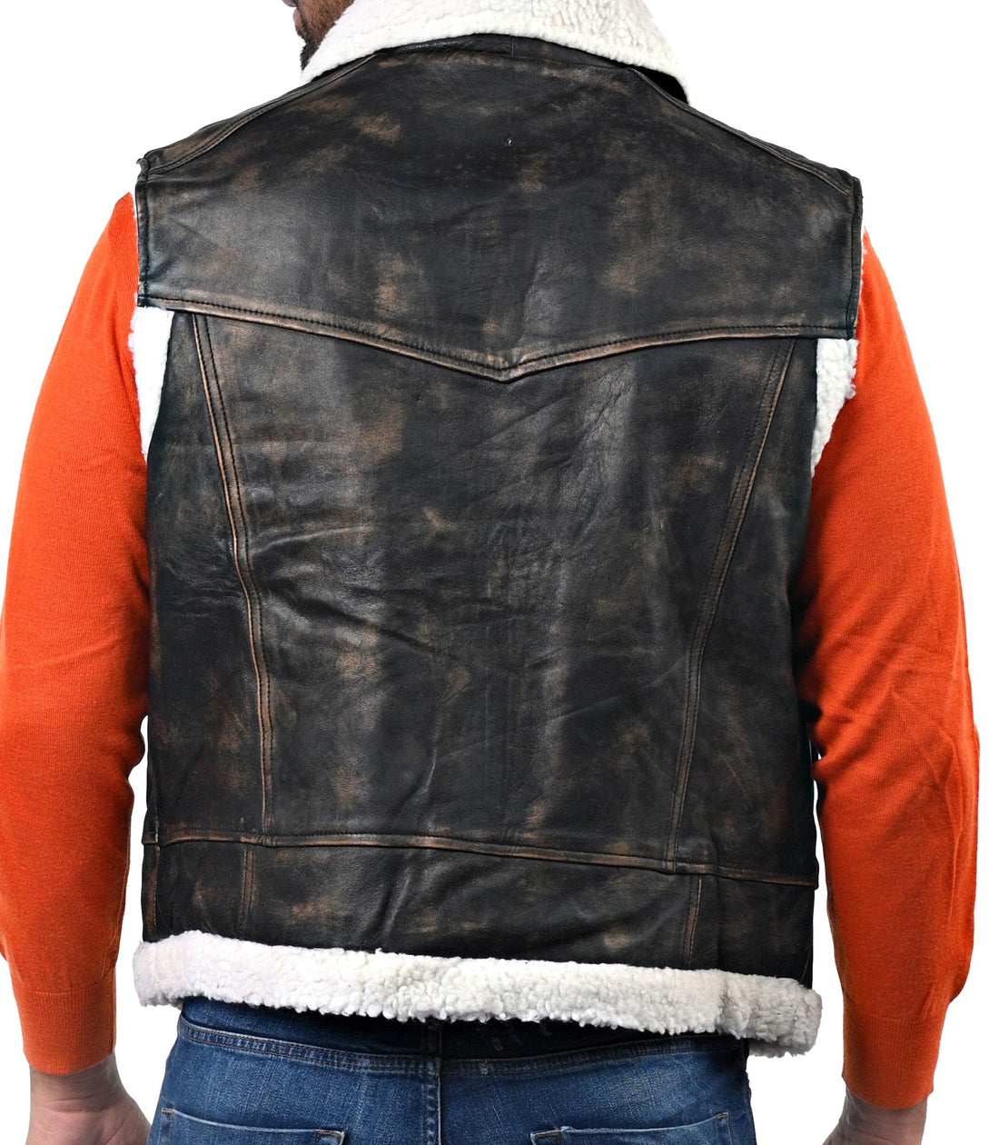 Basildon distressed brown leather aviator vest with fur collar and front zip closure


