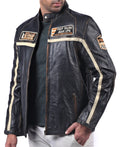 Men’s black leather jacket with beige racing stripes and front zip closure


