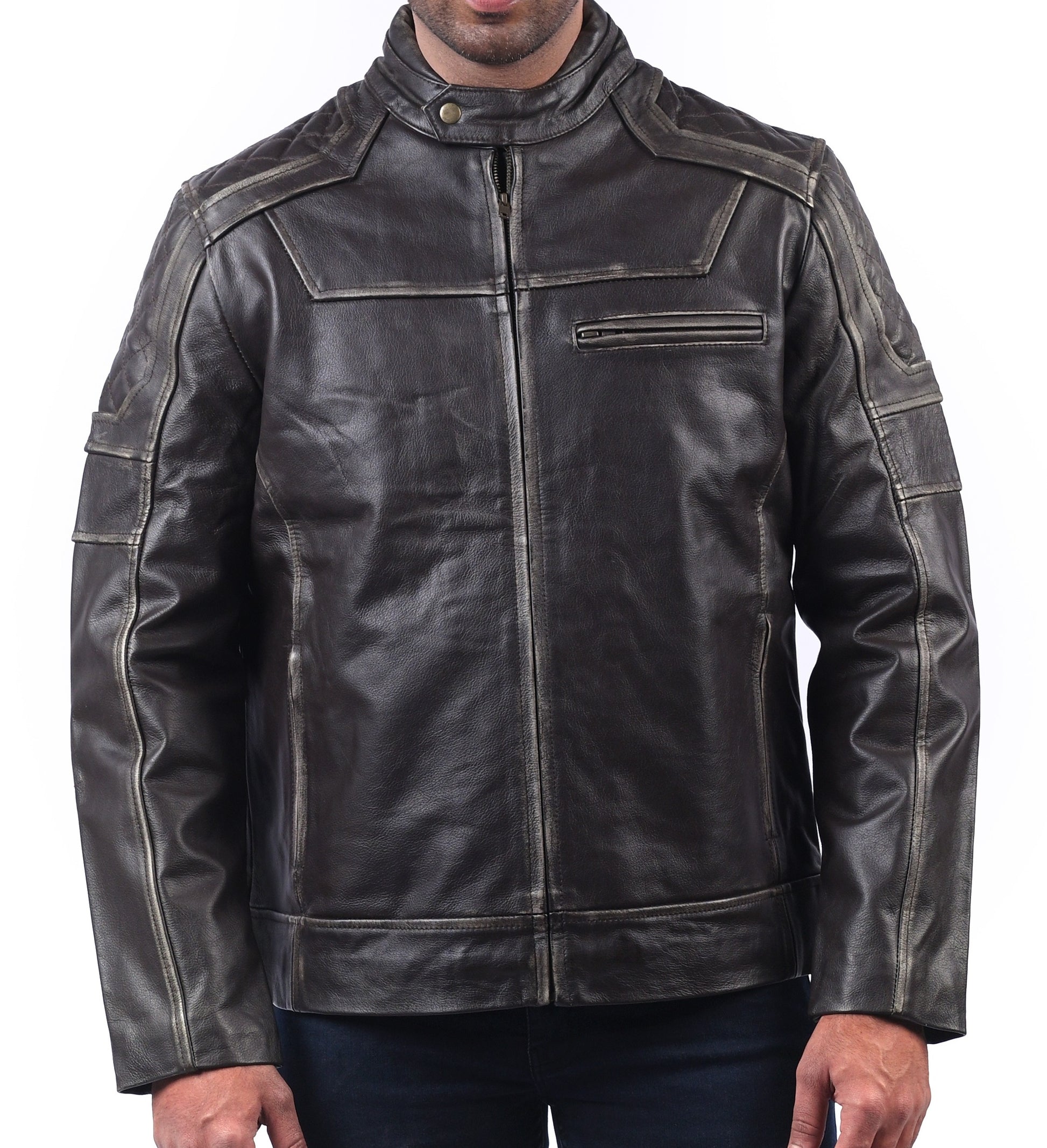 Men’s black distressed cowhide leather jacket with front zipper and rugged texture

