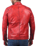 Plymouth men’s red leather biker jacket with asymmetrical front zip and classic lapel collar

