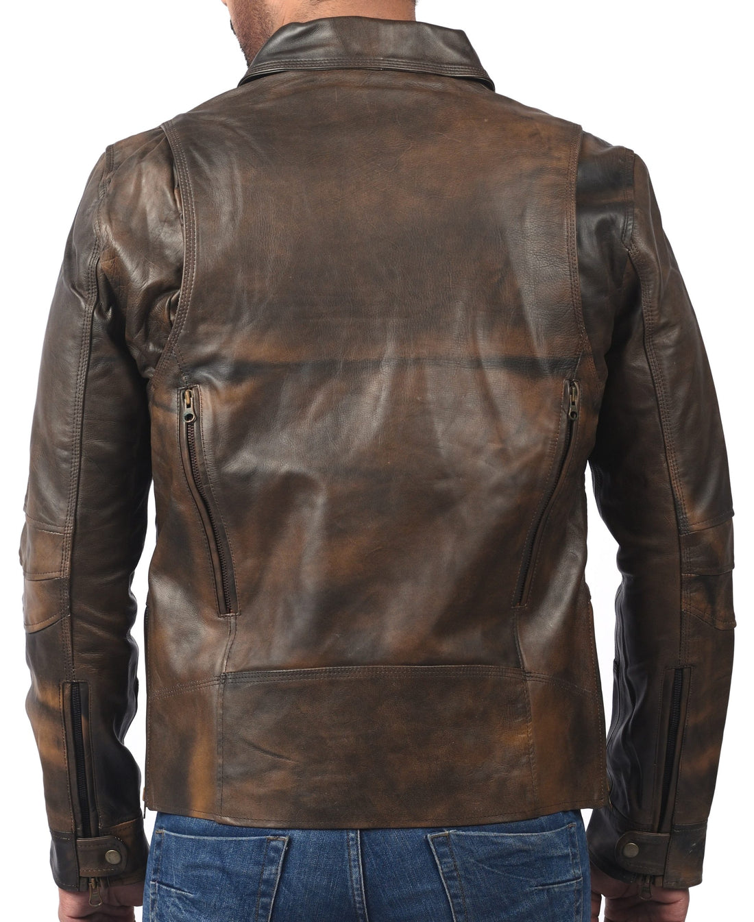 Triple Stitch women’s distressed brown leather jacket with double-breasted front and rugged finish

