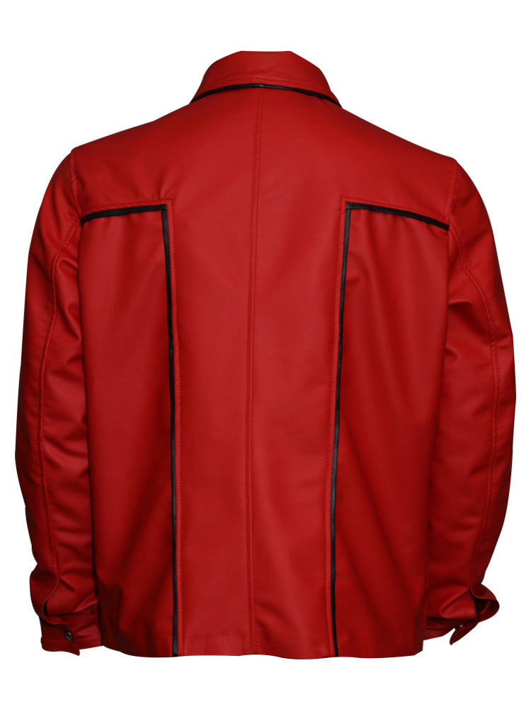 "Elvis Presley red leather jacket made from real lambskin"

"Classic red leather jacket with shirt-style collar inspired by Elvis"

"Front view of Elvis Presley style button-up red jacket"

"Genuine lambskin leather celebrity jacket with chest and hand pockets"

"Retro red leather jacket inspired by the King of Rock"