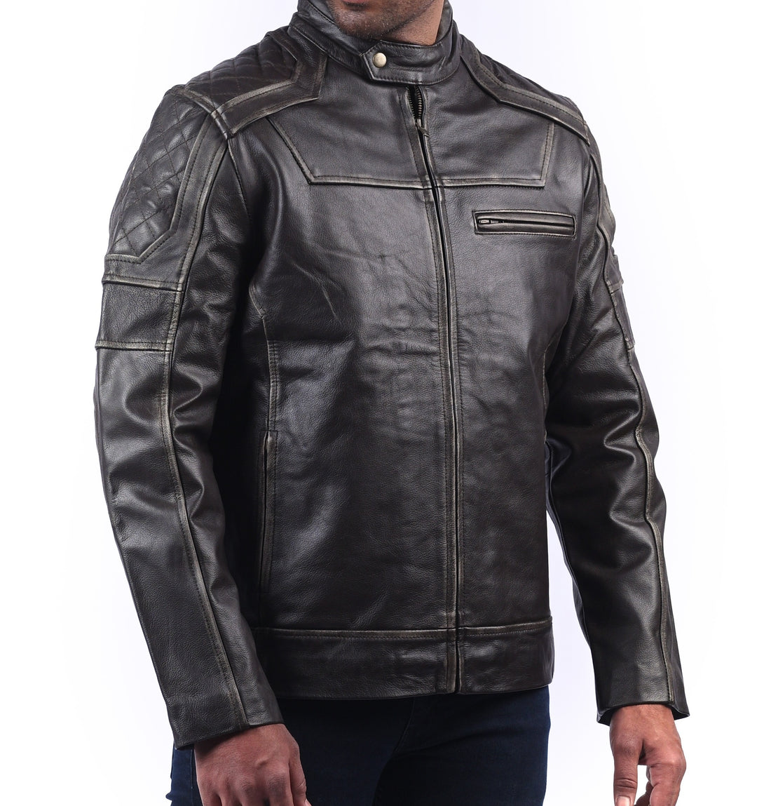 Men’s black distressed cowhide leather jacket with front zipper and rugged texture

