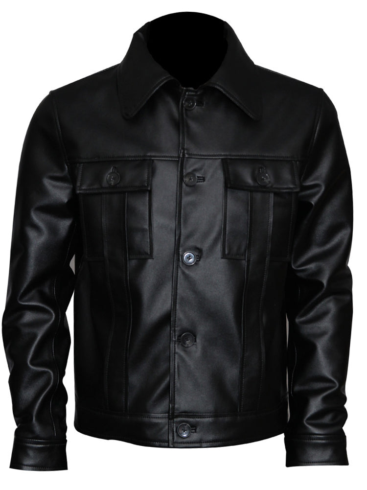 "Elvis Presley black celebrity leather jacket with shirt-style collar"

"Real leather black jacket with four pockets inspired by Elvis Presley"

"Front view of Elvis Presley style buttoned black leather jacket"

"Men's black leather celebrity jacket with viscose lining"

"Classic black leather jacket for men inspired by Elvis Presley"

