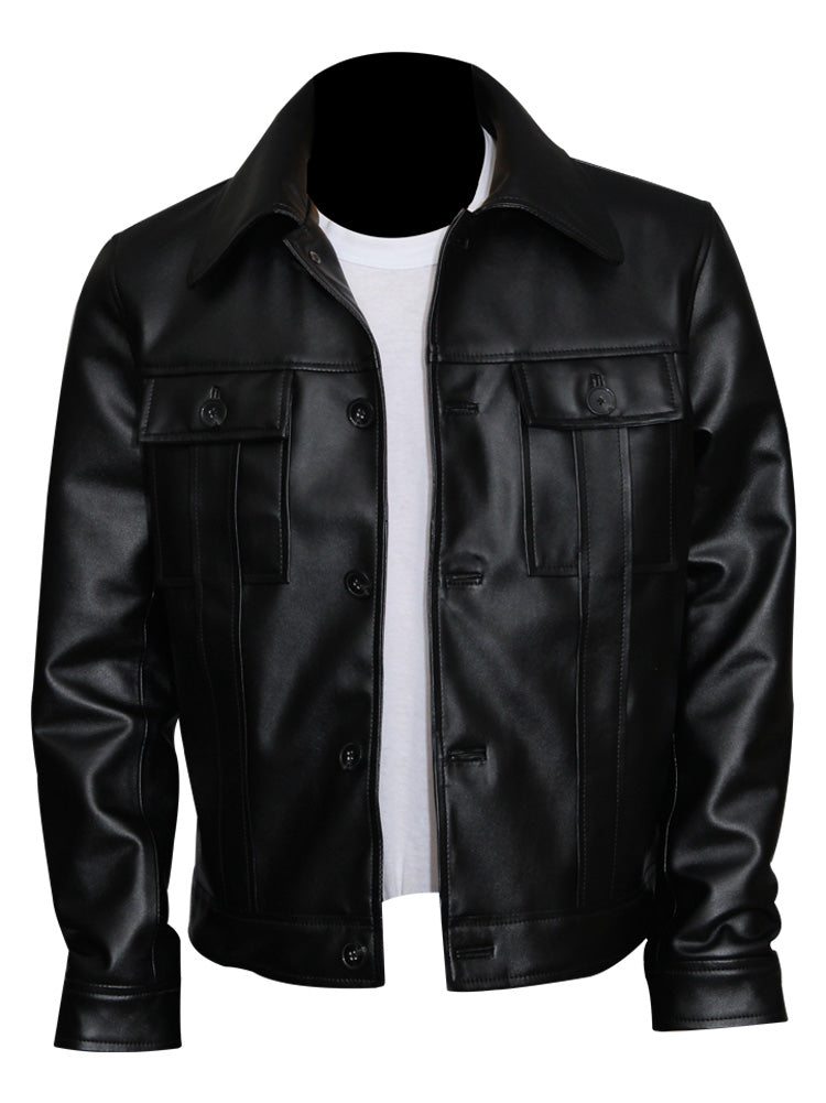 "Elvis Presley black celebrity leather jacket with shirt-style collar"

"Real leather black jacket with four pockets inspired by Elvis Presley"

"Front view of Elvis Presley style buttoned black leather jacket"

"Men's black leather celebrity jacket with viscose lining"

"Classic black leather jacket for men inspired by Elvis Presley"

