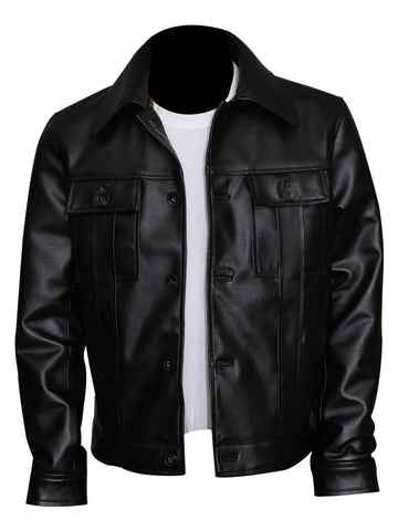 "Elvis Presley black celebrity leather jacket with shirt-style collar"

"Real leather black jacket with four pockets inspired by Elvis Presley"

"Front view of Elvis Presley style buttoned black leather jacket"

"Men's black leather celebrity jacket with viscose lining"

"Classic black leather jacket for men inspired by Elvis Presley"

