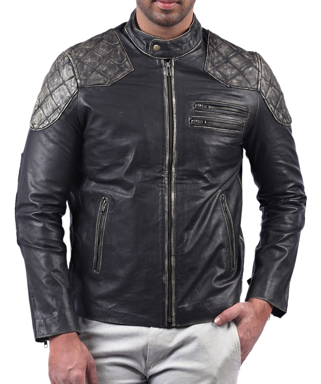 Men’s black leather jacket with skull and crossbones design and front zip closure

