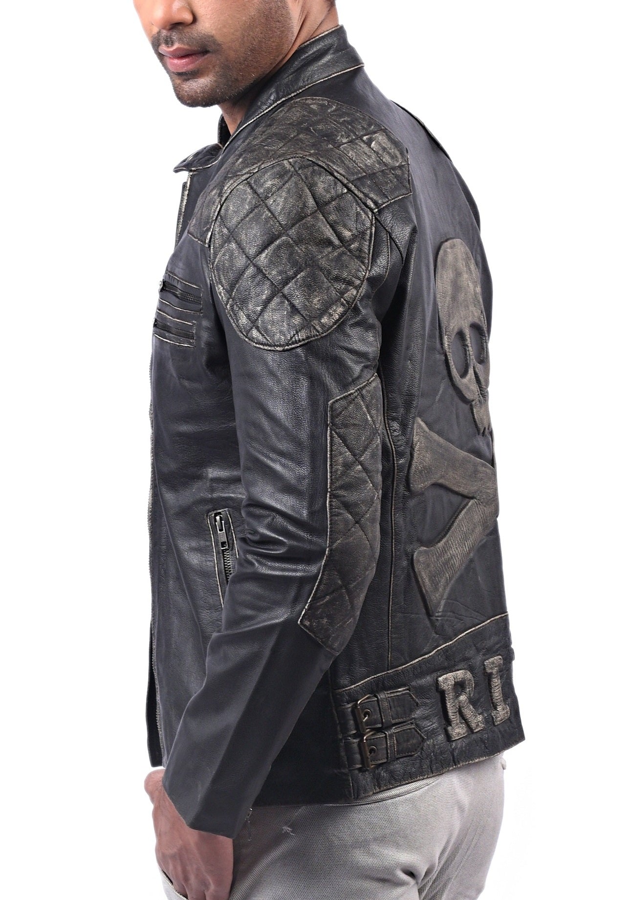 Men’s black leather jacket with skull and crossbones design and front zip closure

