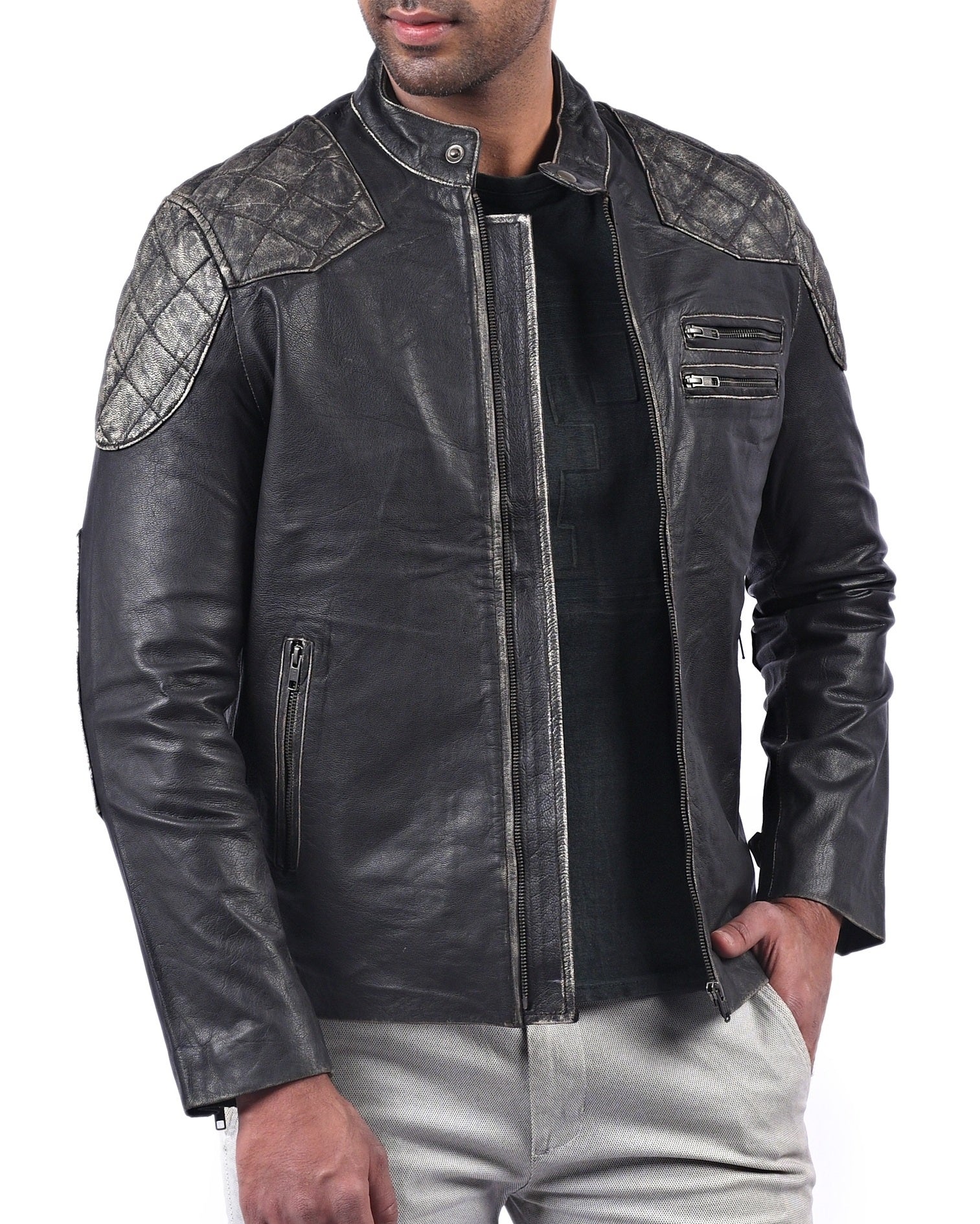Men’s black leather jacket with skull and crossbones design and front zip closure

