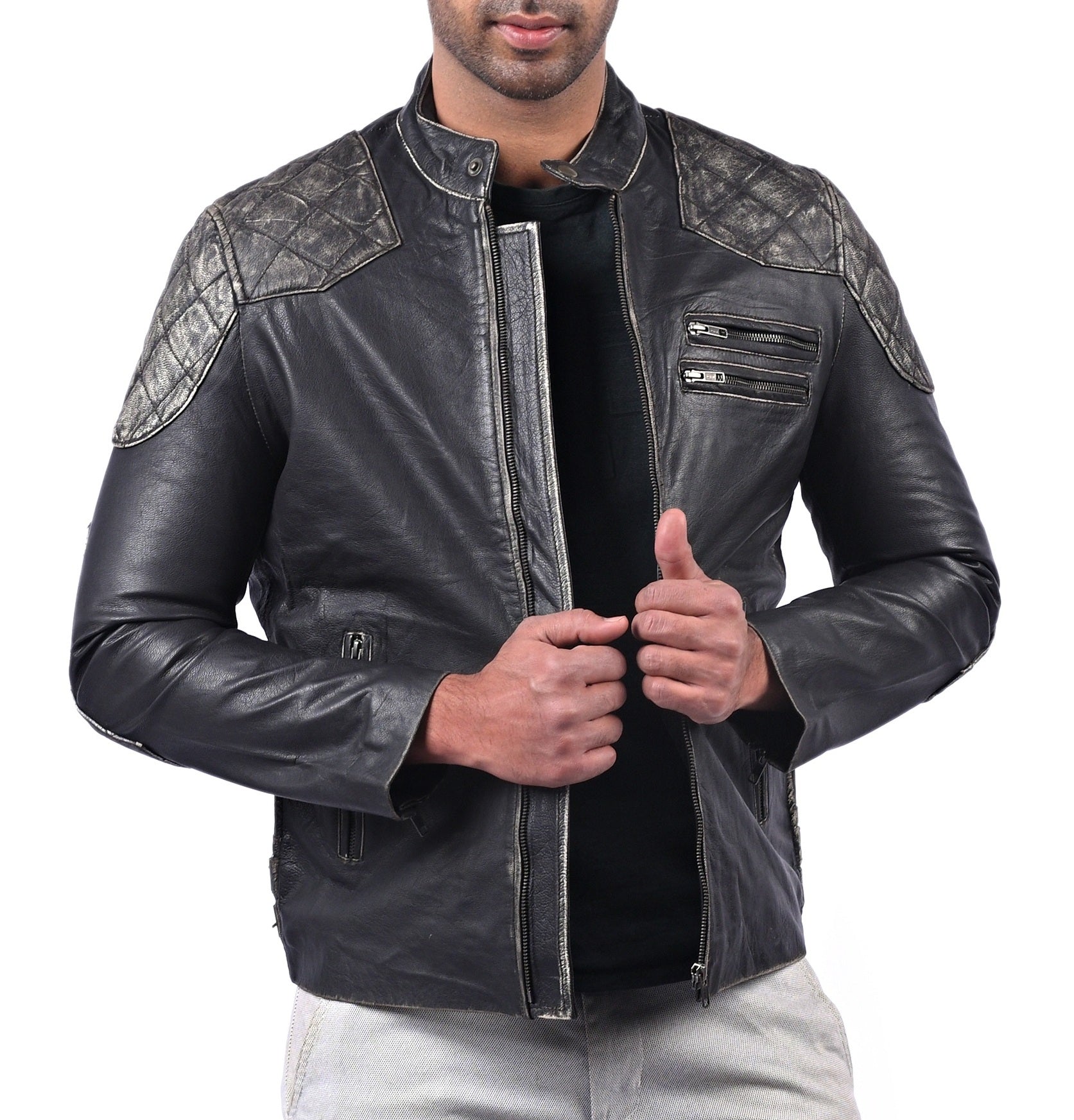 Men’s black leather jacket with skull and crossbones design and front zip closure

