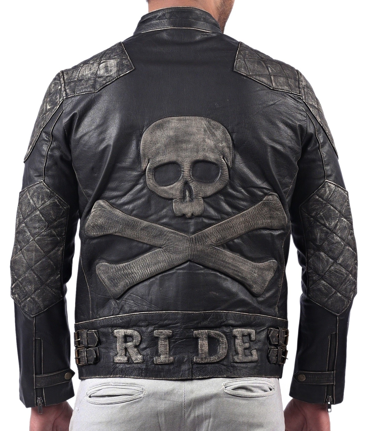 Men’s black leather jacket with skull and crossbones design and front zip closure

