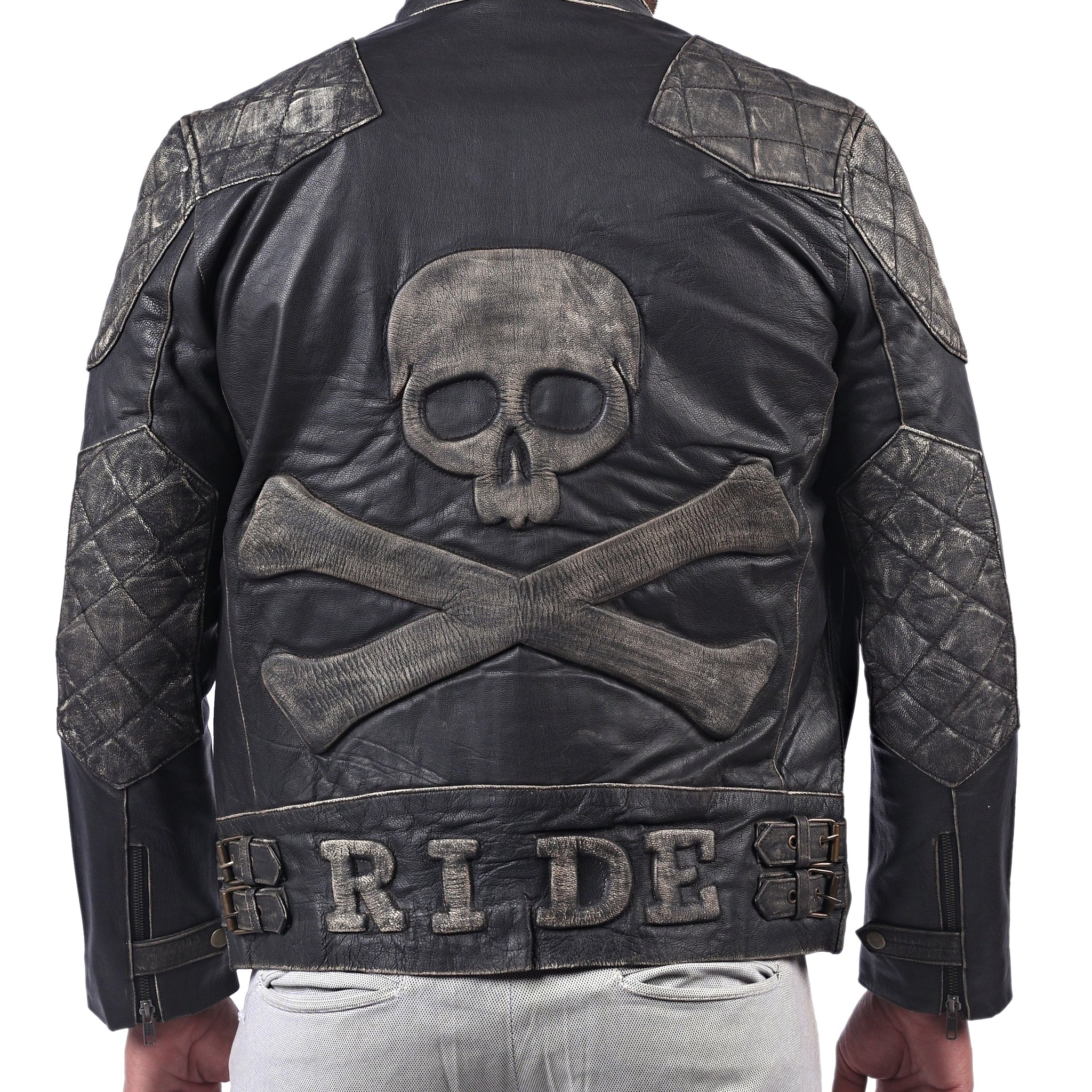 Men’s black leather jacket with skull and crossbones design and front zip closure

