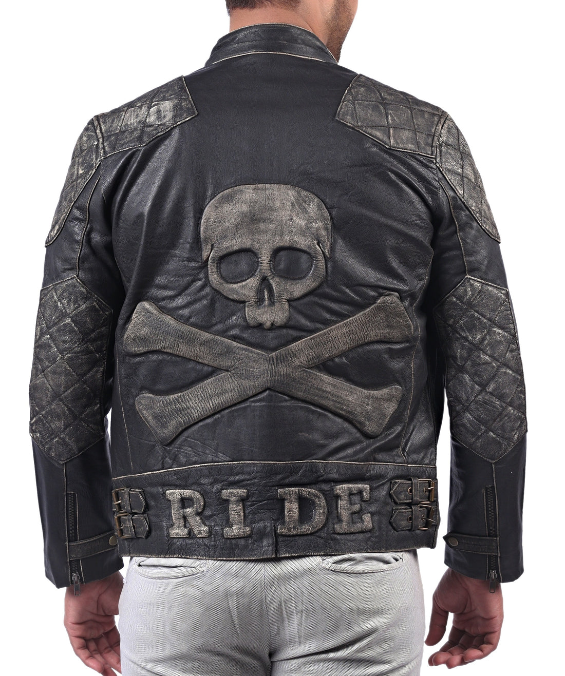 Men’s black leather jacket with skull and crossbones design and front zip closure

