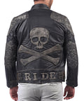 Men’s black leather jacket with skull and crossbones design and front zip closure

