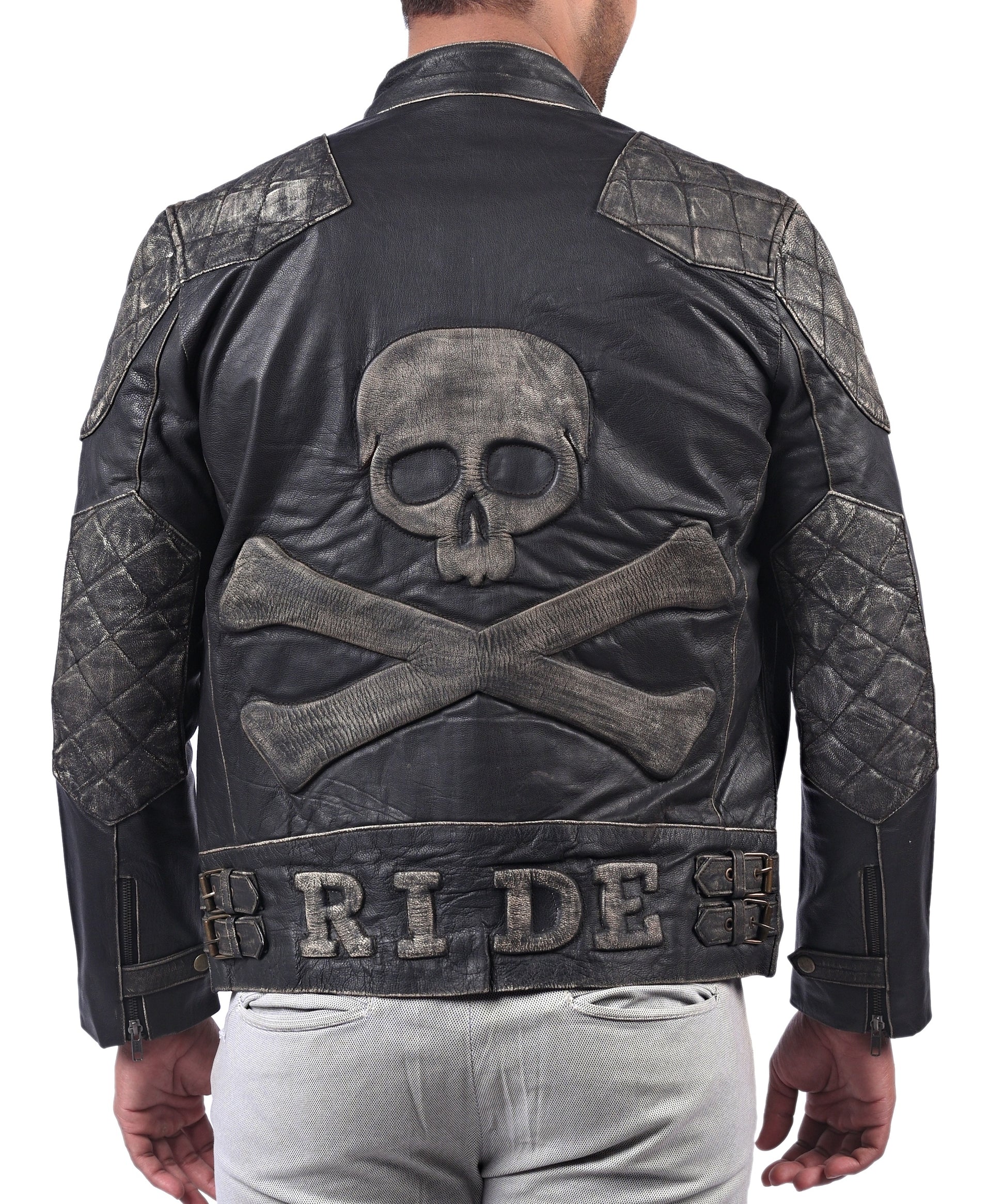 Men’s black leather jacket with skull and crossbones design and front zip closure

