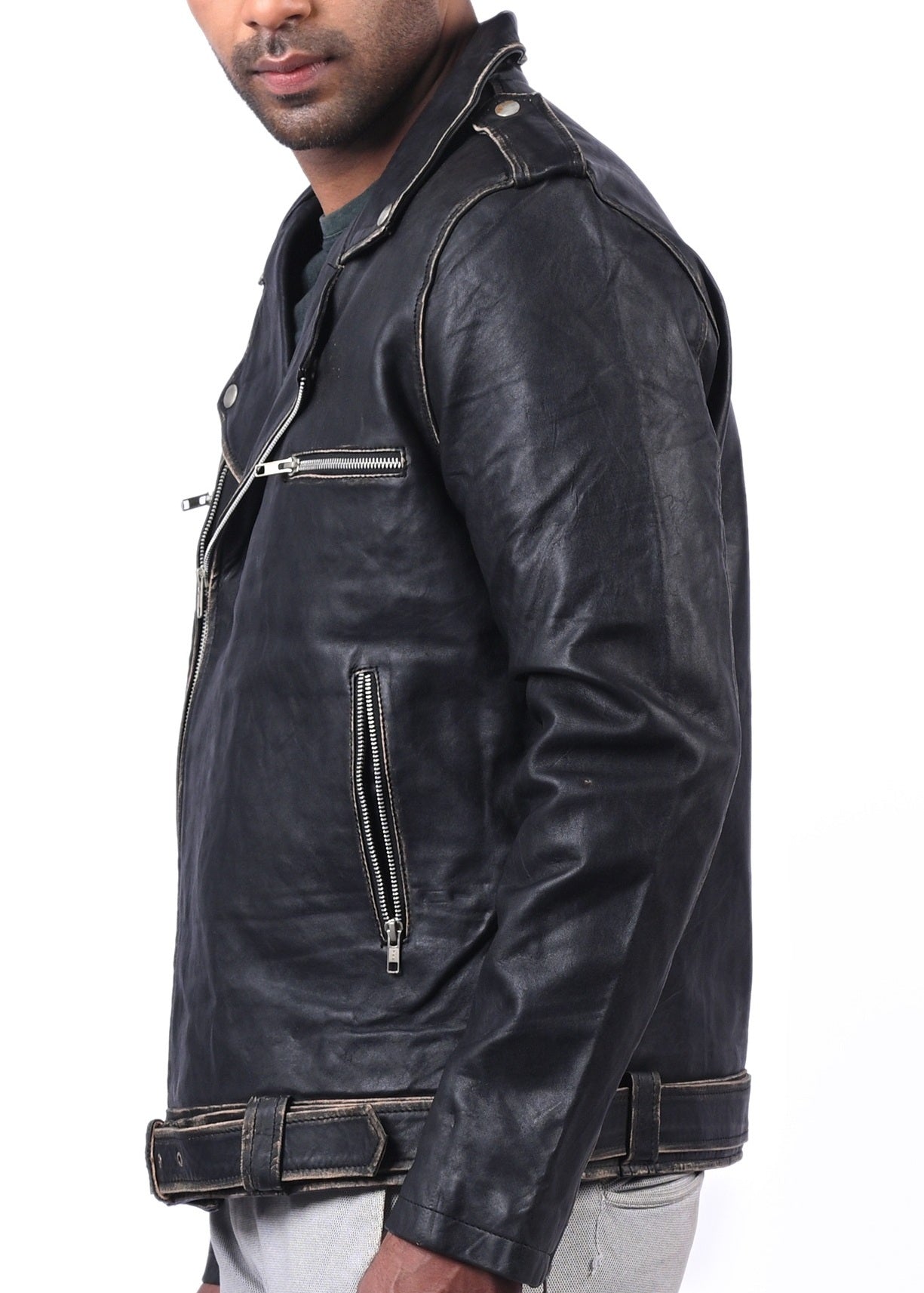 Blackpool men’s Halloween biker jacket with skull print design and front zip closure

