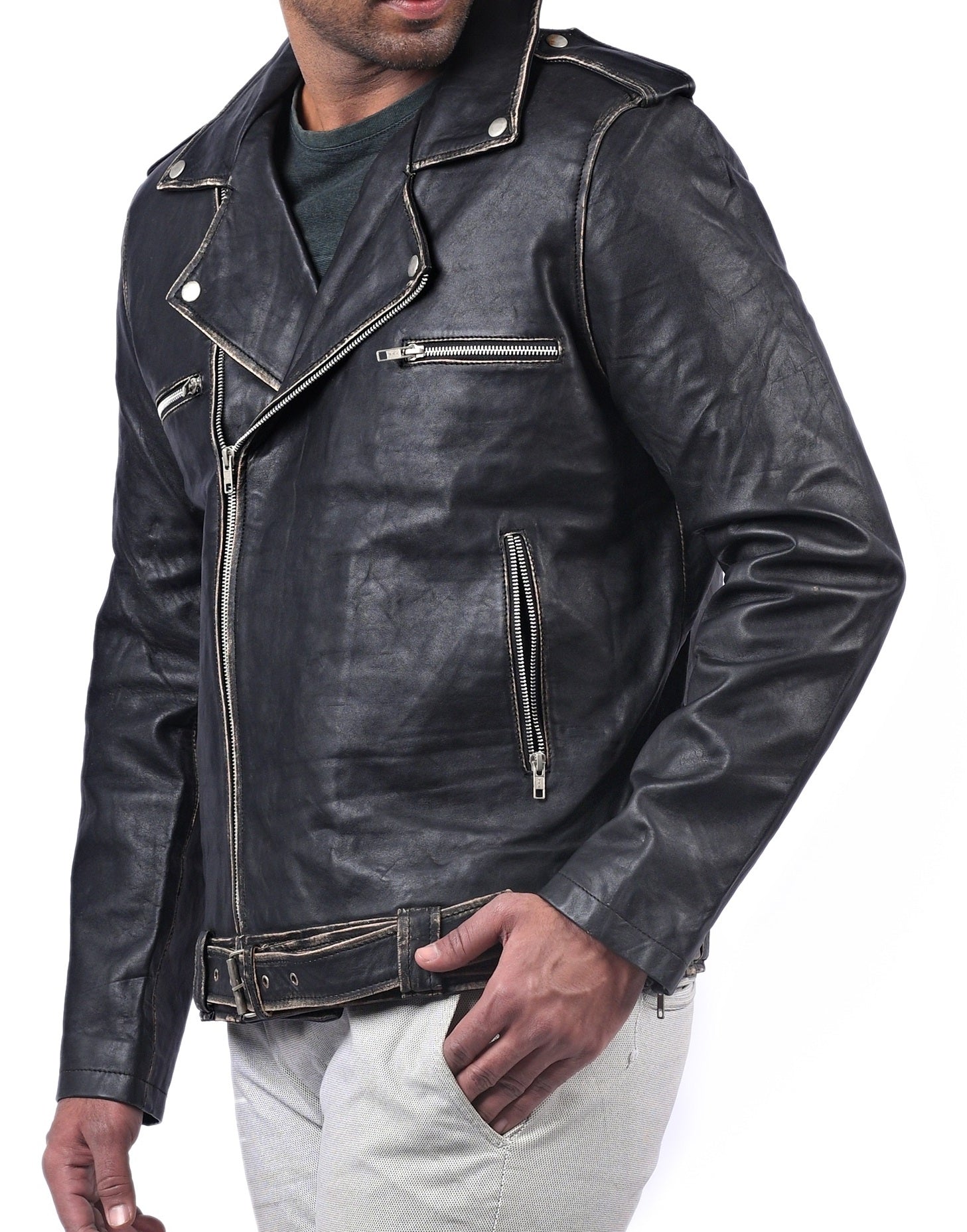 Blackpool men’s Halloween biker jacket with skull print design and front zip closure


