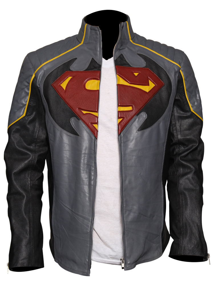 Batman vs Superman leather jacket with padded shoulders"

"Superhero cosplay jacket in faux or real leather"

"DC Comics-inspired leather jacket with stand collar"

"Black cosplay jacket for Batman or Superman fans"

"High-quality superhero costume jacket for men"

