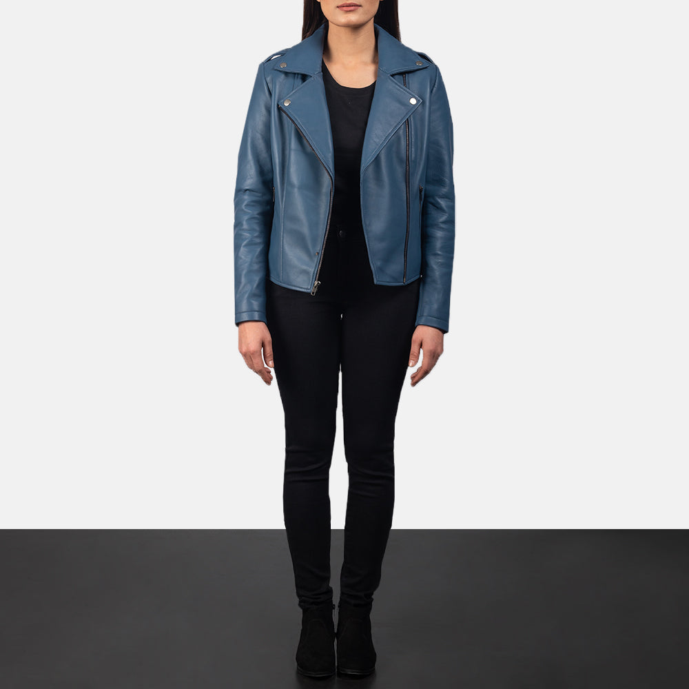 Leven blue biker jacket for women – stylish leather motorcycle jacket with vibrant American streetwear appeal


