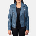 Leven blue biker jacket for women – stylish leather motorcycle jacket with vibrant American streetwear appeal

