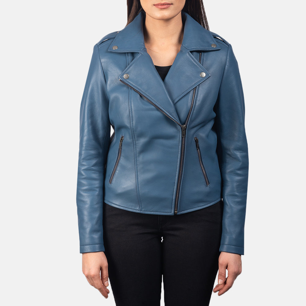 Leven blue biker jacket for women – stylish leather motorcycle jacket with vibrant American streetwear appeal

