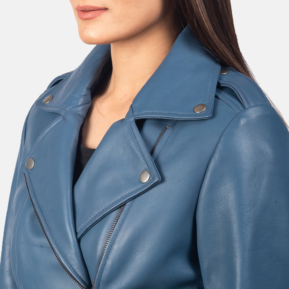 Leven blue biker jacket for women – stylish leather motorcycle jacket with vibrant American streetwear appeal


