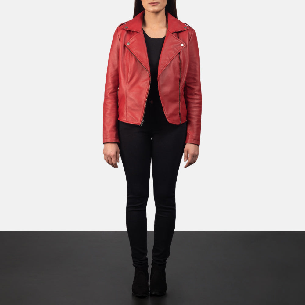 Hamilton women’s red biker jacket – bold leather motorcycle jacket designed for American street style

