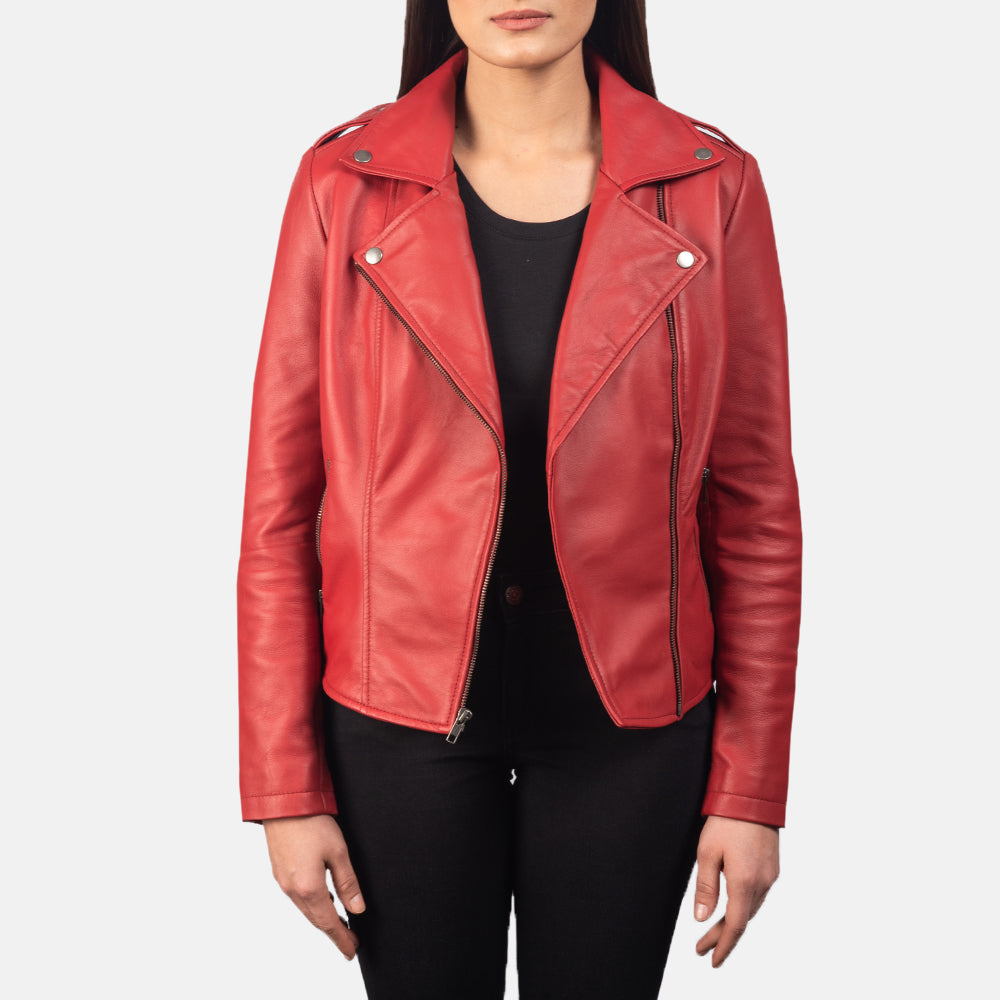 Hamilton women’s red biker jacket – bold leather motorcycle jacket designed for American street style

