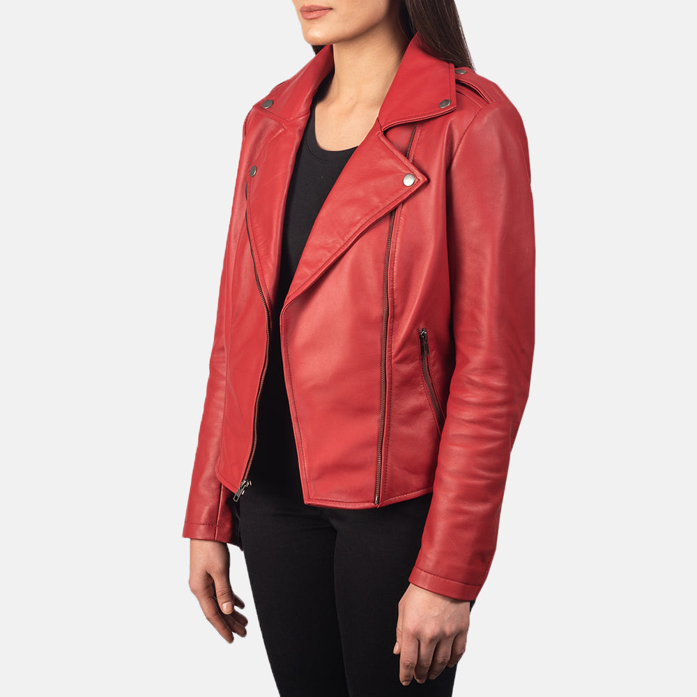 Hamilton women’s red biker jacket – bold leather motorcycle jacket designed for American street style

